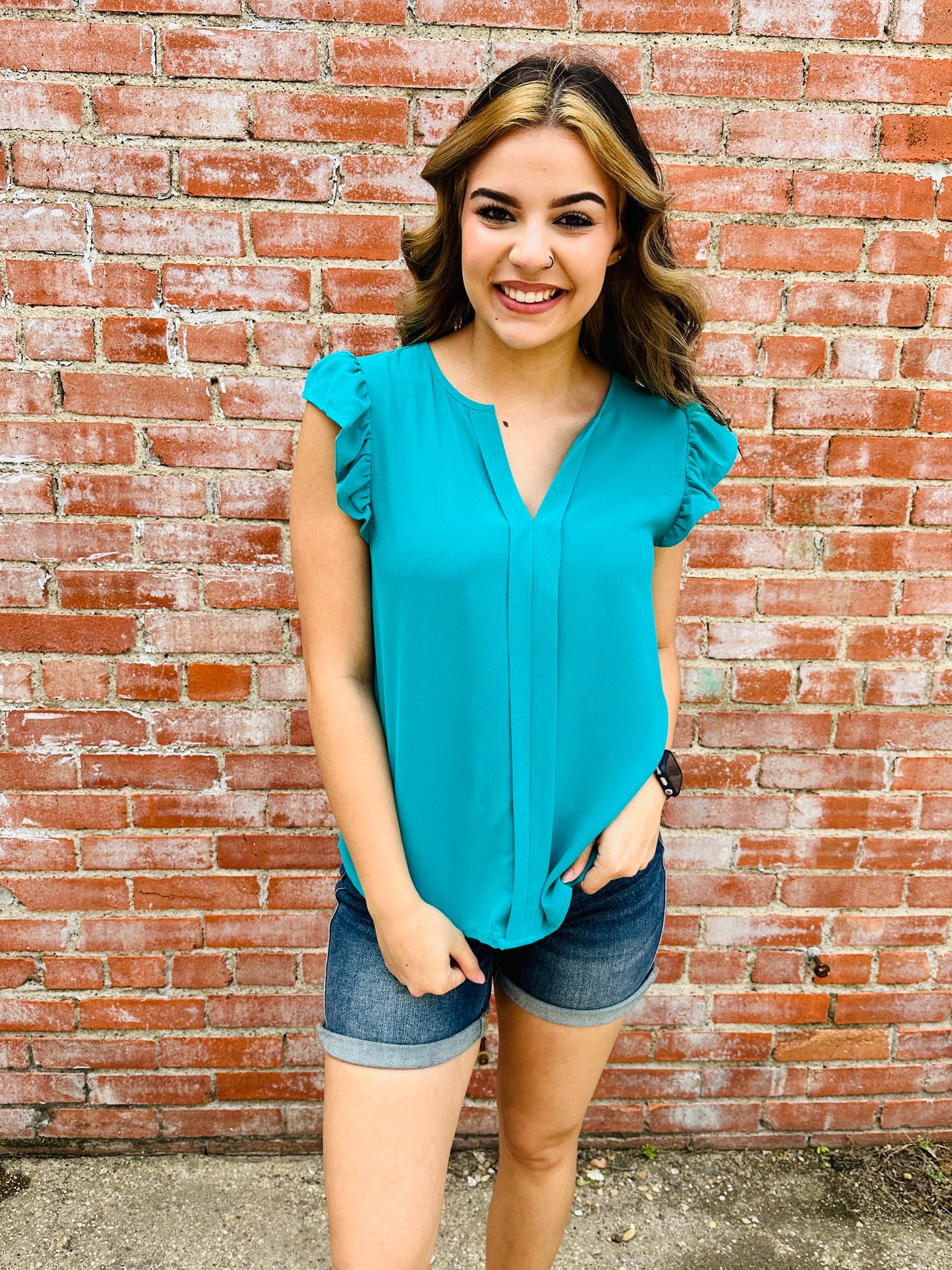 Following My Dreams Ruffle Sleeve Top • Teal-Blu Pepper-Shop Anchored Bliss Women's Boutique Clothing Store