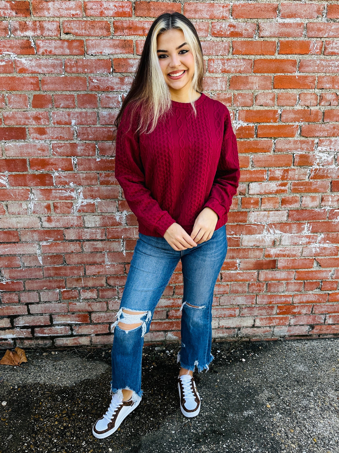 What You Do to Me Jacquard Pullover Top • Wine-Umgee-Shop Anchored Bliss Women's Boutique Clothing Store