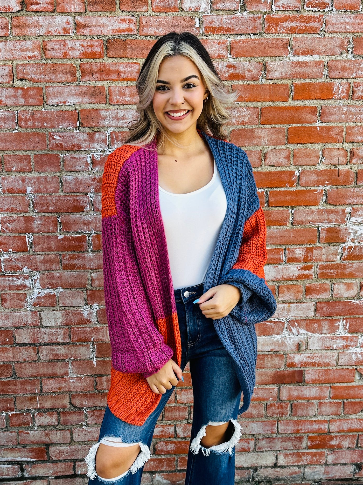 Falling in Love Color Block Bubble Sleeve Cardigan-Haptics-Shop Anchored Bliss Women's Boutique Clothing Store