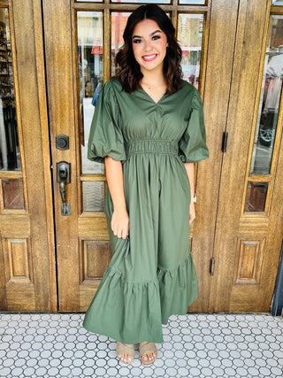 Can't Live Without You Bubble Sleeve Midi Dress • Olive-She+Sky-Shop Anchored Bliss Women's Boutique Clothing Store
