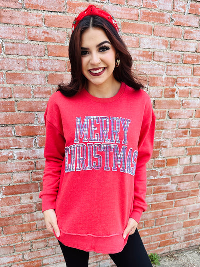 Plaid Merry Christmas Crew Neck Sweatshirt-Royce Apparel-Shop Anchored Bliss Women's Boutique Clothing Store