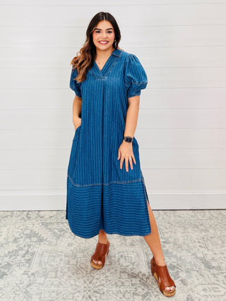 Simply Stunning Pinstripe Puff Sleeve Denim Midi Dress-Umgee-Shop Anchored Bliss Women's Boutique Clothing Store