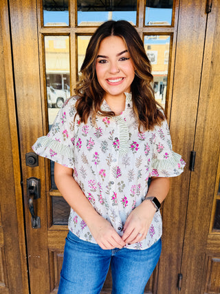 Best Advice Floral Print Button Front Top • Cream-Stacey Kluttz-Shop Anchored Bliss Women's Boutique Clothing Store