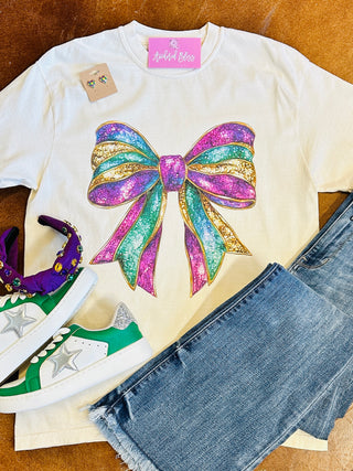 Glitter Mardi Gras Bow Graphic Tee-Harps & Oli-Shop Anchored Bliss Women's Boutique Clothing Store