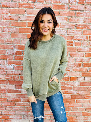 Coziest By Your Side Acid Washed Pullover • Light Olive-Zenana-Shop Anchored Bliss Women's Boutique Clothing Store