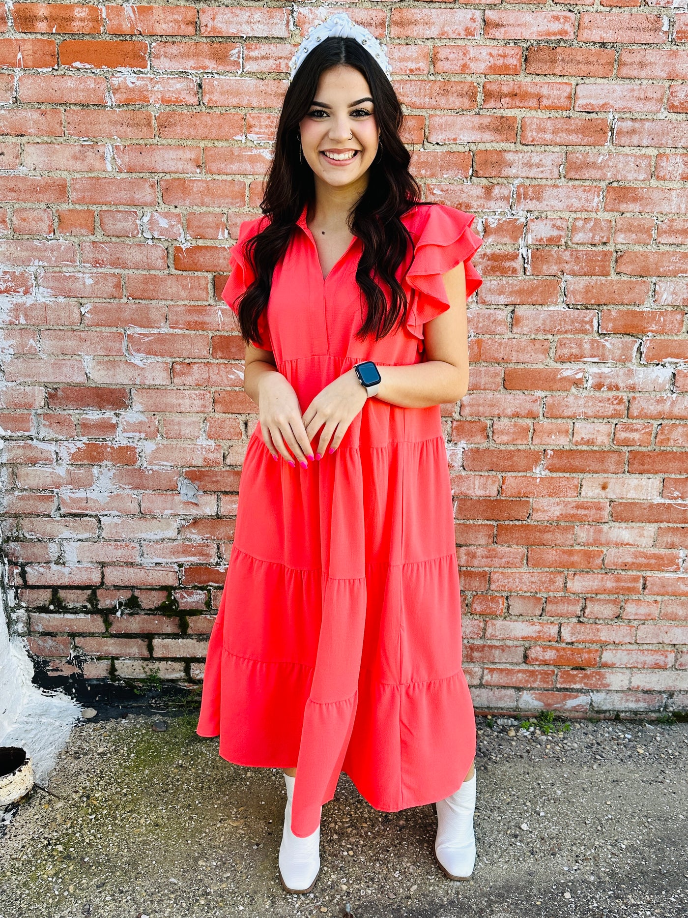 Doing My Best Tiered Midi Dress • Coral-Tracy Zelenuk-Shop Anchored Bliss Women's Boutique Clothing Store