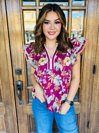 Come As You Are Floral Flutter Sleeve Top • Wine-Entro-Shop Anchored Bliss Women's Boutique Clothing Store