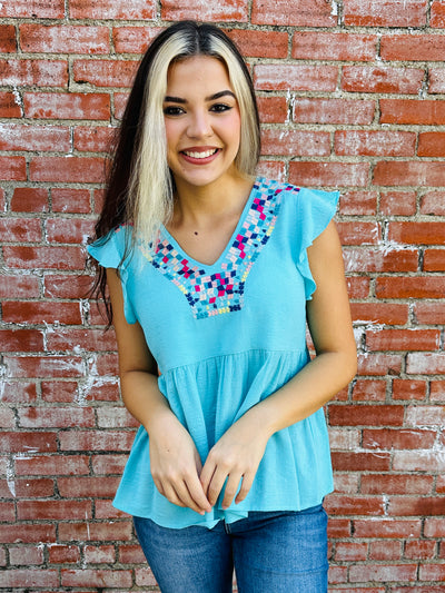 All That I Want Embroidered V-Neck Top • Teal-Kori-Shop Anchored Bliss Women's Boutique Clothing Store