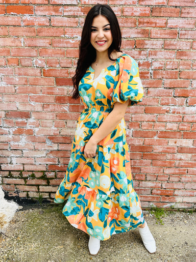 Can't Stay Away Floral Midi Dress • Peach Orange-Umgee-Shop Anchored Bliss Women's Boutique Clothing Store