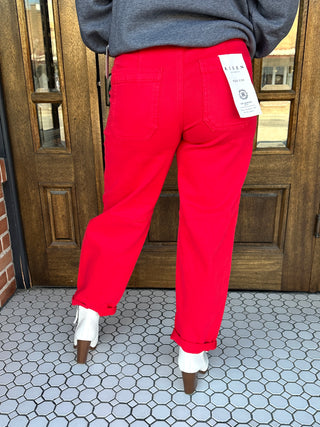 Risen Making Me Blush High Rise Cuffed Barrel Jeans • Red-Risen-Shop Anchored Bliss Women's Boutique Clothing Store