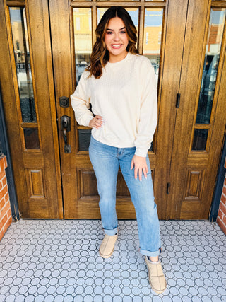 Get Me Some of That Faux Cable Knit Sweatshirt • Cream-Umgee-Shop Anchored Bliss Women's Boutique Clothing Store