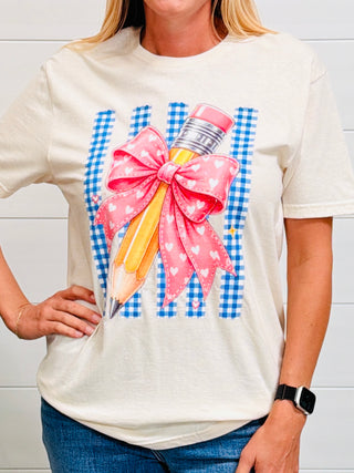Pencil Gingham Bow Graphic Tee-Harps & Oli-Shop Anchored Bliss Women's Boutique Clothing Store