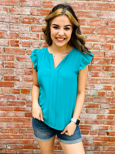 Following My Dreams Ruffle Sleeve Top • Teal-Blu Pepper-Shop Anchored Bliss Women's Boutique Clothing Store