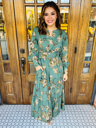 A Time to Remember Floral Print Tiered Maxi Dress Sage-Oddi-Shop Anchored Bliss Women's Boutique Clothing Store