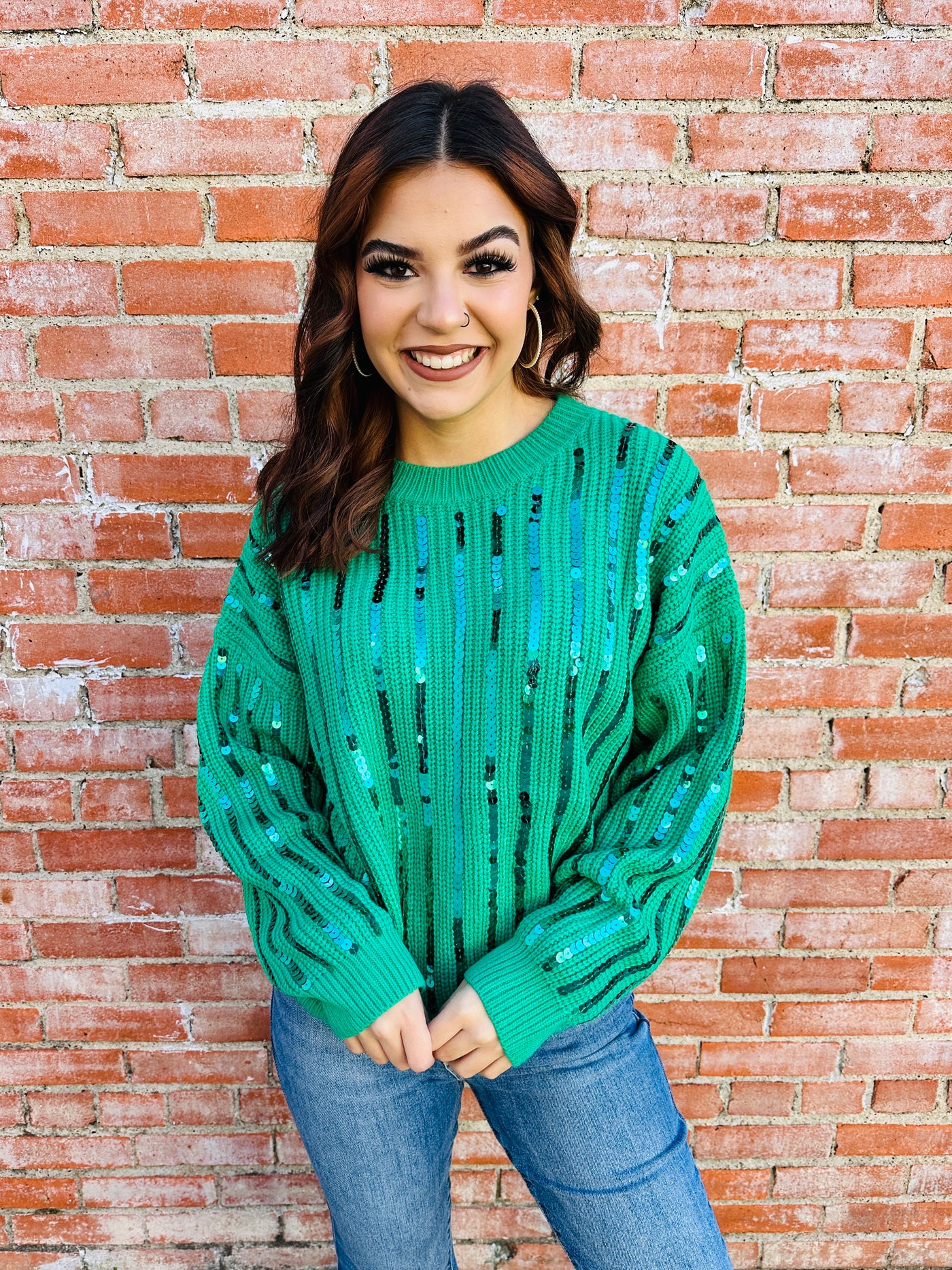 Listen to Your Heart Sequin Sweater • Green-She+Sky-Shop Anchored Bliss Women's Boutique Clothing Store