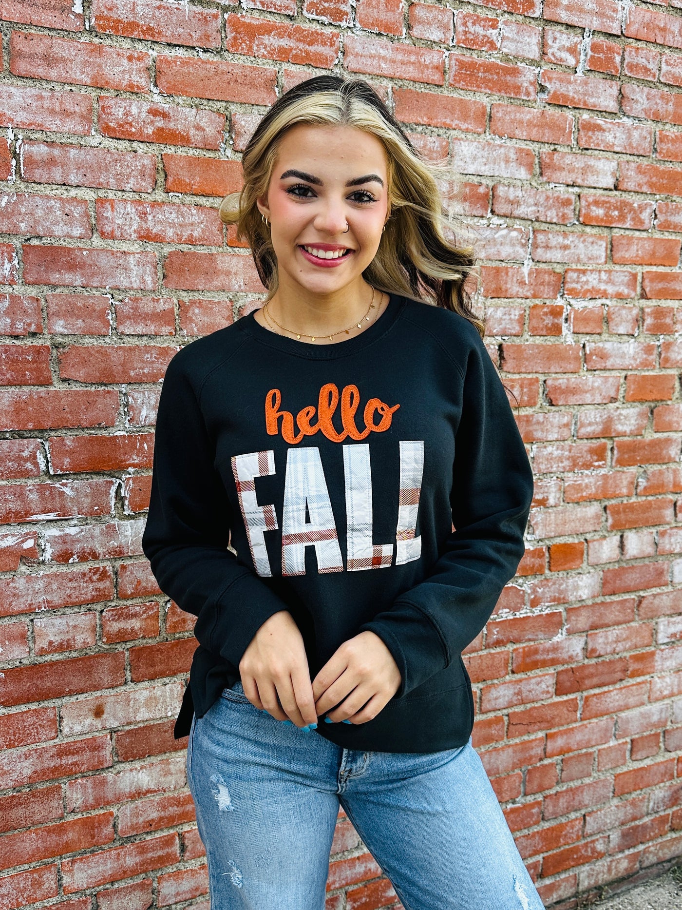 Hello Fall Applique Patch Sweatshirt-Texas True Threads-Shop Anchored Bliss Women's Boutique Clothing Store