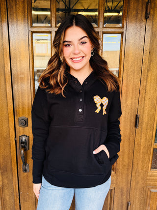Checkered Bow Pullover Sweatshirt • Black-Harps & Oli-Shop Anchored Bliss Women's Boutique Clothing Store