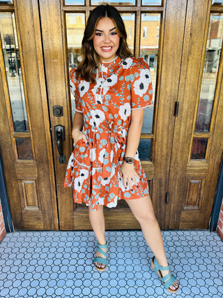 A Beautiful Day Floral Tie Dress • Terracotta-Entro-Shop Anchored Bliss Women's Boutique Clothing Store