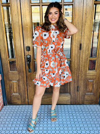 A Beautiful Day Floral Tie Dress • Terracotta-Entro-Shop Anchored Bliss Women's Boutique Clothing Store
