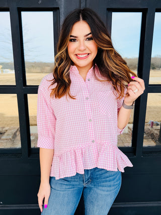 A Point In Time Gingham Peplum Top • Light Pink-Stacey Kluttz-Shop Anchored Bliss Women's Boutique Clothing Store