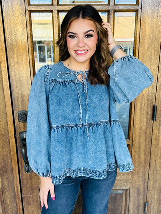 Absolutely Charming Babydoll Top • Denim-She+Sky-Shop Anchored Bliss Women's Boutique Clothing Store