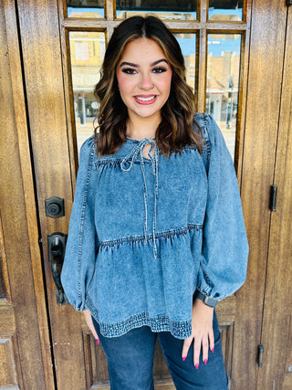 Absolutely Charming Babydoll Top • Denim-She+Sky-Shop Anchored Bliss Women's Boutique Clothing Store