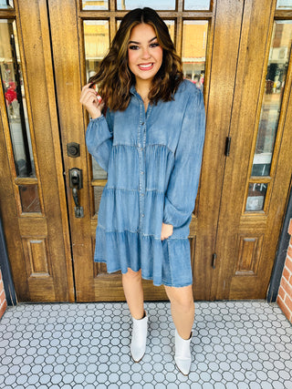 According To You Long Sleeve Denim Dress-She+Sky-Shop Anchored Bliss Women's Boutique Clothing Store