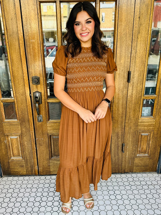All in Theory Embroidered Smocked Puff Sleeve Midi Dress • Brown-Blu Pepper-Shop Anchored Bliss Women's Boutique Clothing Store