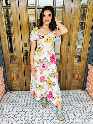 All the Better Floral Midi Dress • Cream-Blu Pepper-Shop Anchored Bliss Women's Boutique Clothing Store