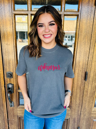 Arkansas Script Embroidered Graphic Tee-Harps & Oli-Shop Anchored Bliss Women's Boutique Clothing Store