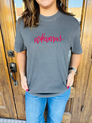 Arkansas Script Embroidered Graphic Tee-Harps & Oli-Shop Anchored Bliss Women's Boutique Clothing Store