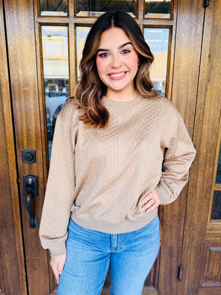 Get Me Some of That Faux Cable Knit Sweatshirt • Mocha-Umgee-Shop Anchored Bliss Women's Boutique Clothing Store