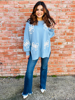 Pre-Order Be Your Forever Bow Embroidered Sweater • Blue-She+Sky-Shop Anchored Bliss Women's Boutique Clothing Store