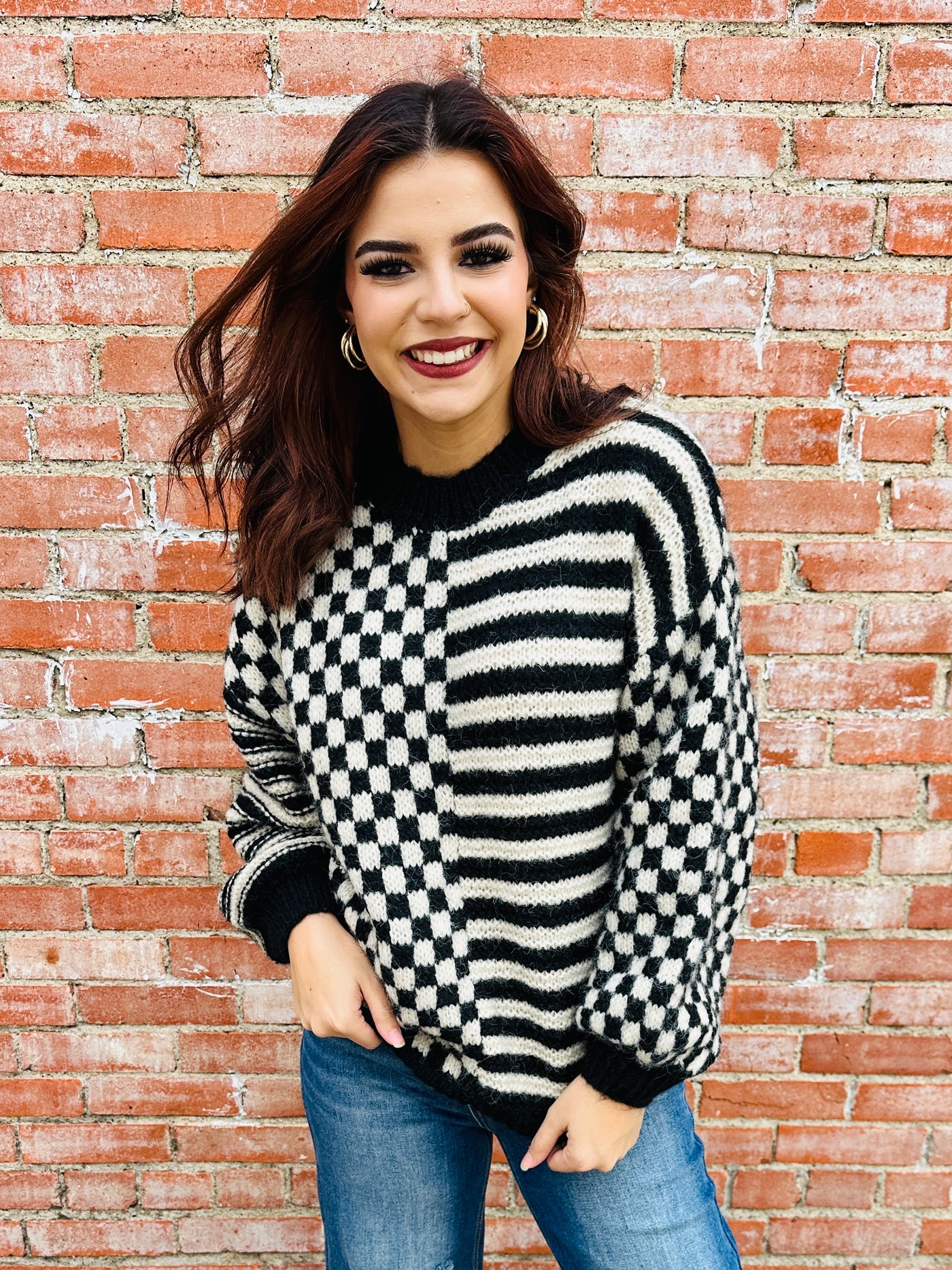 Just Between Us Striped and Checkered Sweater • Black-Blu Pepper-Shop Anchored Bliss Women's Boutique Clothing Store