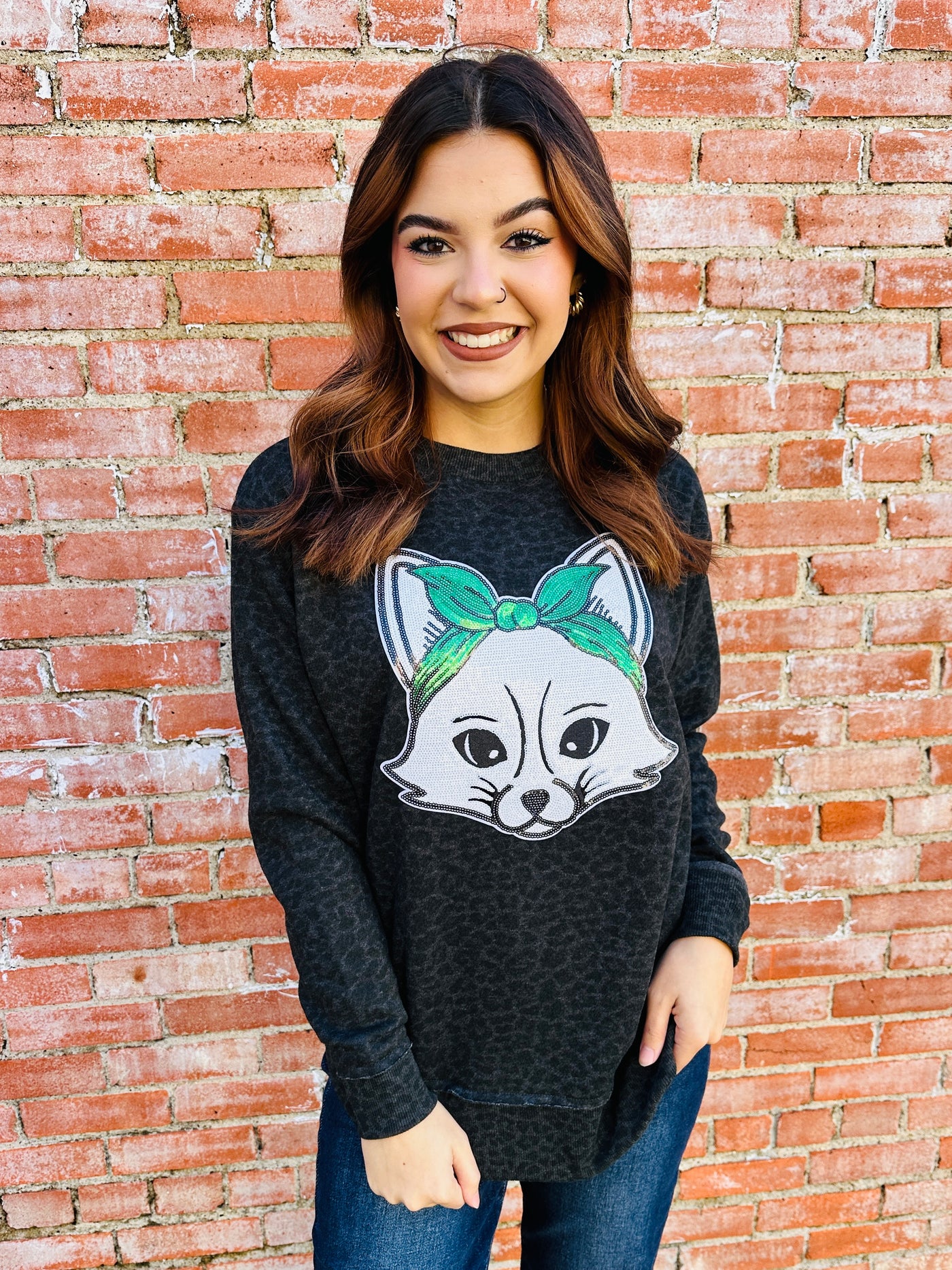 Bandana Fox Sequin Patch Sweatshirt • Black Leopard-Harps & Oli-Shop Anchored Bliss Women's Boutique Clothing Store