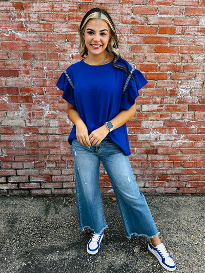 Be Your Forever Ruffle Sleeve Top • Blue-Lovely Melody-Shop Anchored Bliss Women's Boutique Clothing Store