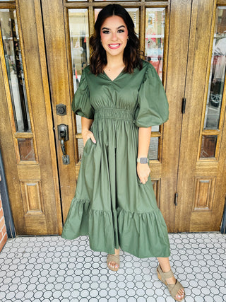 Can't Live Without You Bubble Sleeve Midi Dress • Olive-She+Sky-Shop Anchored Bliss Women's Boutique Clothing Store
