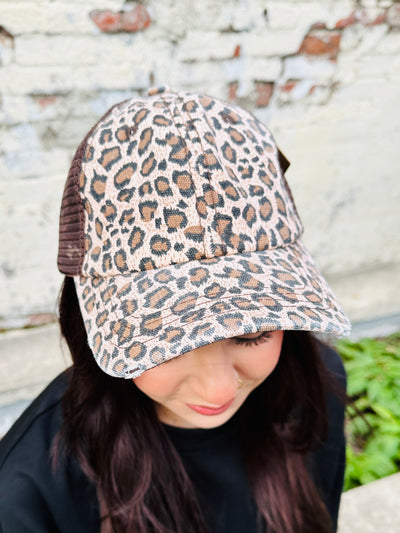 Pink Leopard Pony Tail Hat • Brown Mesh-DMC-Shop Anchored Bliss Women's Boutique Clothing Store