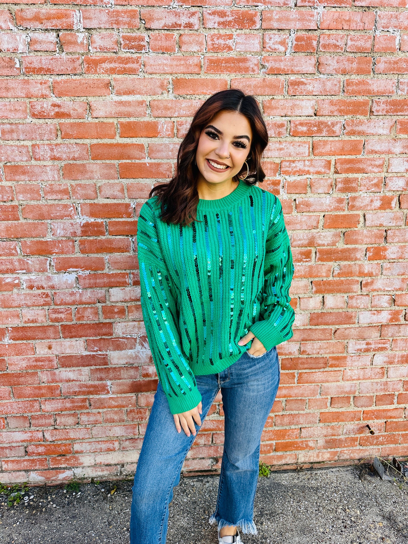 Listen to Your Heart Sequin Sweater • Green-She+Sky-Shop Anchored Bliss Women's Boutique Clothing Store