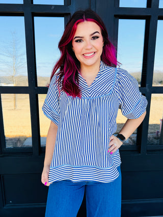 Stir it Up Striped Puff Sleeve Babydoll Top • Blue-Umgee-Shop Anchored Bliss Women's Boutique Clothing Store
