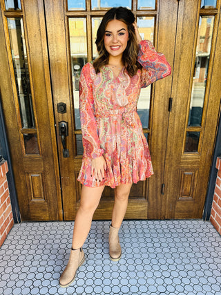 Be With Me V-Neck Belted Paisley Dress • Rust-Stacey Kluttz-Shop Anchored Bliss Women's Boutique Clothing Store
