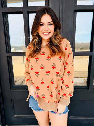 Beautiful People Floral Print Washed Thermal Pullover • Camel-EESome-Shop Anchored Bliss Women's Boutique Clothing Store