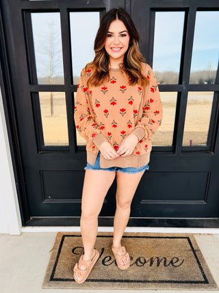Beautiful People Floral Print Washed Thermal Pullover • Camel-EESome-Shop Anchored Bliss Women's Boutique Clothing Store