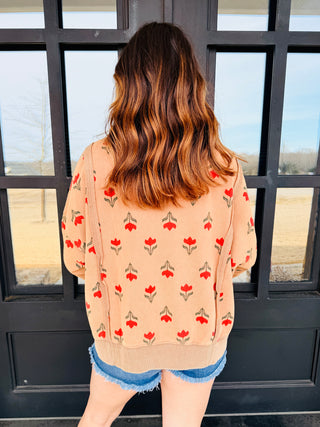 Beautiful People Floral Print Washed Thermal Pullover • Camel-EESome-Shop Anchored Bliss Women's Boutique Clothing Store