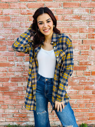 Between the Lines Plaid Flannel Shirt • Blue & Gold-Stacey Kluttz-Shop Anchored Bliss Women's Boutique Clothing Store