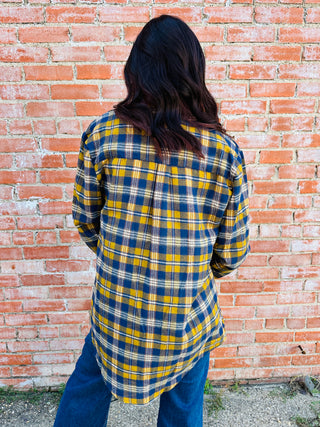 Between the Lines Plaid Flannel Shirt • Blue & Gold-Stacey Kluttz-Shop Anchored Bliss Women's Boutique Clothing Store
