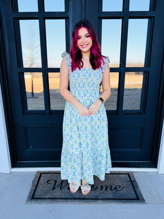 Happiest With You Floral Smocked Sleeveless Midi Dress • Blue-Blu Pepper-Shop Anchored Bliss Women's Boutique Clothing Store