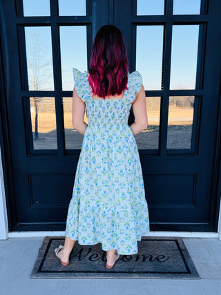 Happiest With You Floral Smocked Sleeveless Midi Dress • Blue-Blu Pepper-Shop Anchored Bliss Women's Boutique Clothing Store