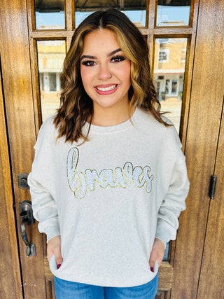 Braves Cursive White & Gold Sequin Patch Sweatshirt-Harps & Oli-Shop Anchored Bliss Women's Boutique Clothing Store