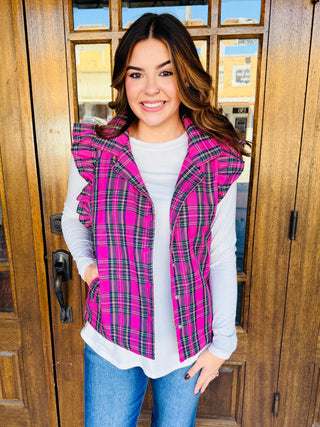 Got a Feeling Plaid Ruffle Sleeve Vest • Pink-Top it Off-Shop Anchored Bliss Women's Boutique Clothing Store